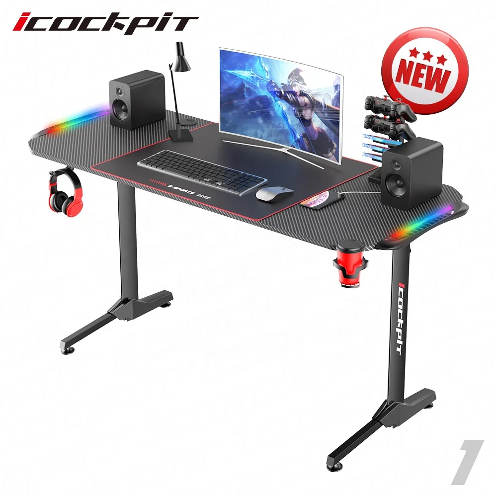 
Saitu Hot Sale Metal Legs Computer Desk Gaming Table With RGB Led Lights PC Computer Gaming Desk 