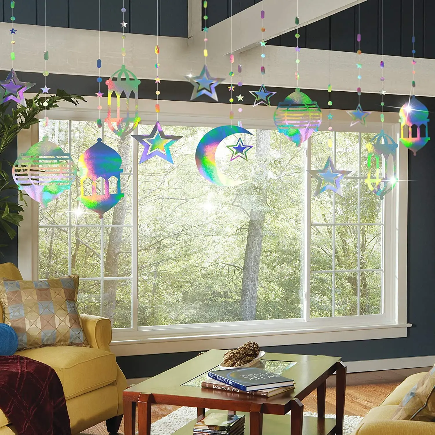 Nicro Laser Iridescent Star Moon Lantern Ramadan Garland Happy Eid Ramadan Decor Euphoria Hanging Streamer Islam Backdrop Banner