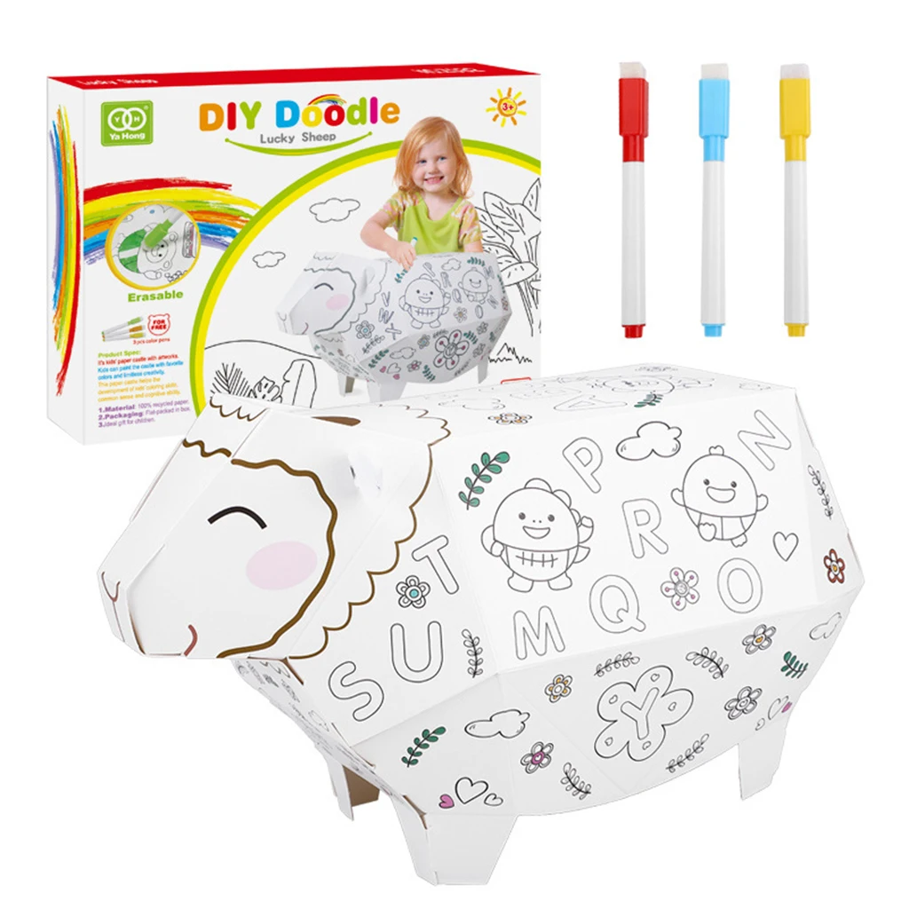 3D DIY Creative Giraffe Elephant Sheep Pattern Decorate and Personalize Painting Kids Cardboard drawing toy with music