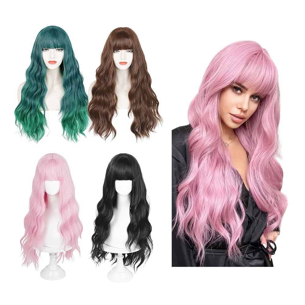 Shinein High Quality None Lace Long Wavy Synthetic Wigs Heat Resistant Fiber Colored Cosplay Wig With Bangs for Party
