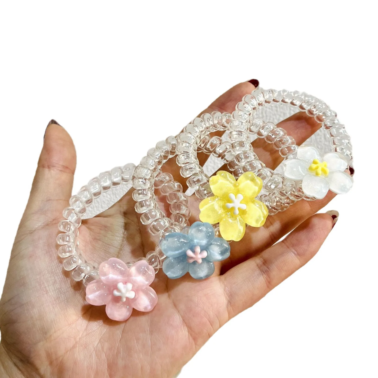 Cherry Blossom Phone Line Hair Tie Transparent New High Elastic Sweet Small Flower Fresh Headband Versatile Outer Wear Hair Rope