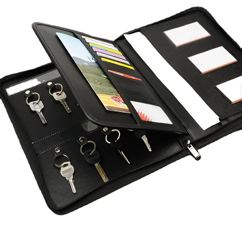 A4 MultiFunctional Key Rings China Leather Document Folder Portfolio Folder with Zipper