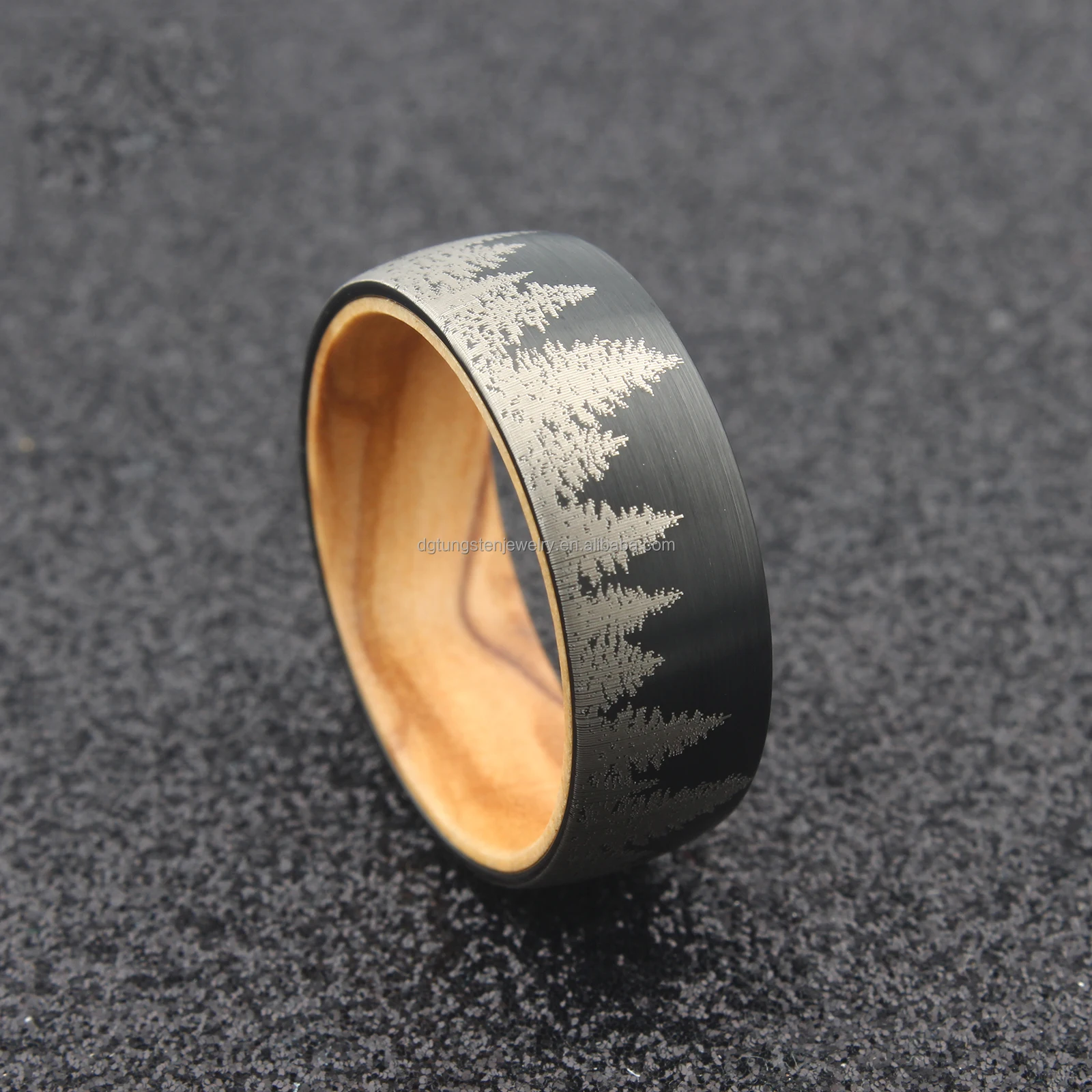 Olive Wood Ring 8mm Tungsten Sleeve Comfort Fit Black Silver Dome Beveled Forest
