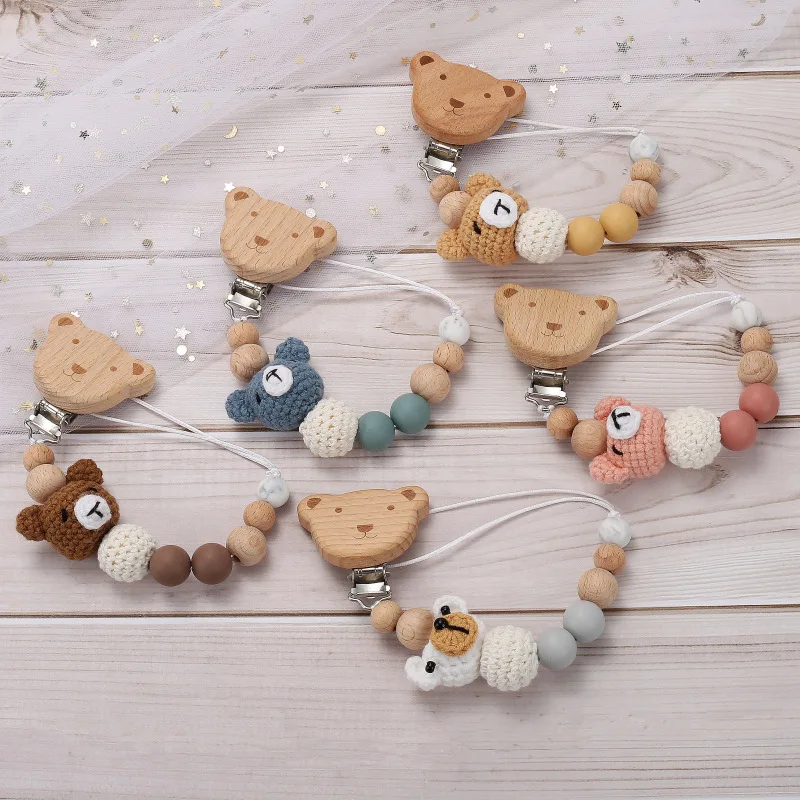 Best selling eco-friendly wooden pacifier clip baby products pacifier crochet baby dummy pacifier chain animals for babies