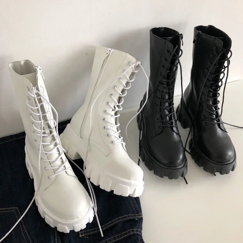 New Mid Calf Boots Women Autumn Winter Fashion Lace-up Zipper Boots Sports Platform Heel Ladies Shoes