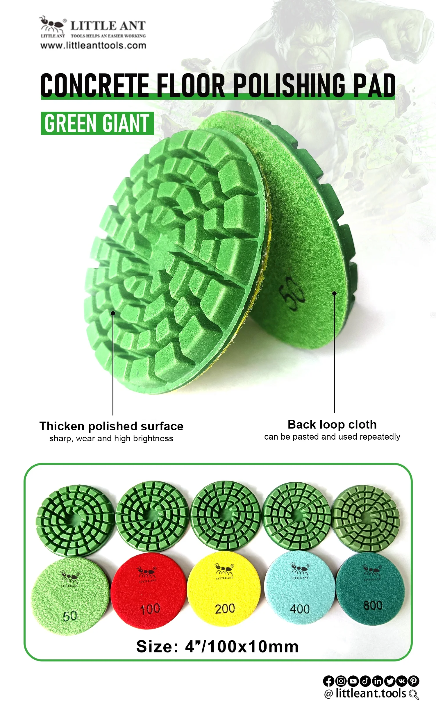 LITTLE ANT New Concrete Floor Polishing Pad  Green Giant 4 Inch 10mm Cement Epoxy Surface Grinder and Polisher