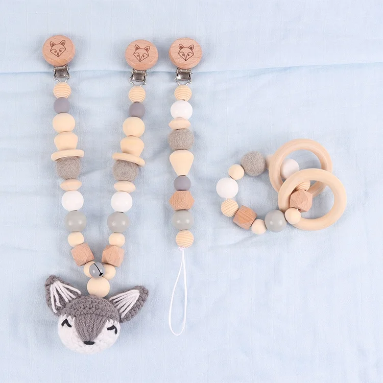 High Good Quality 3pcs/set Cartoon Animal Fox Shape Wooden Pacifier Chain Baby Chew Toy Teether Set