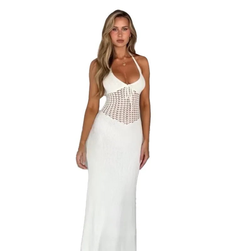 Autumn New Sexy vacation style bohemian hollow woolen suspenders long dress women