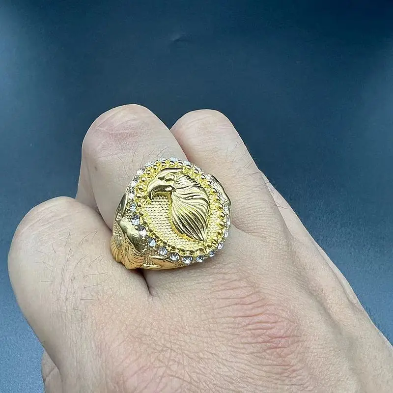 Wholesale Cheap Tarnish Free Punk 18k PVD Gold Plated Hip Hop Titanium Steel Gold Two Tone Crystal Eagle Band Ring For men