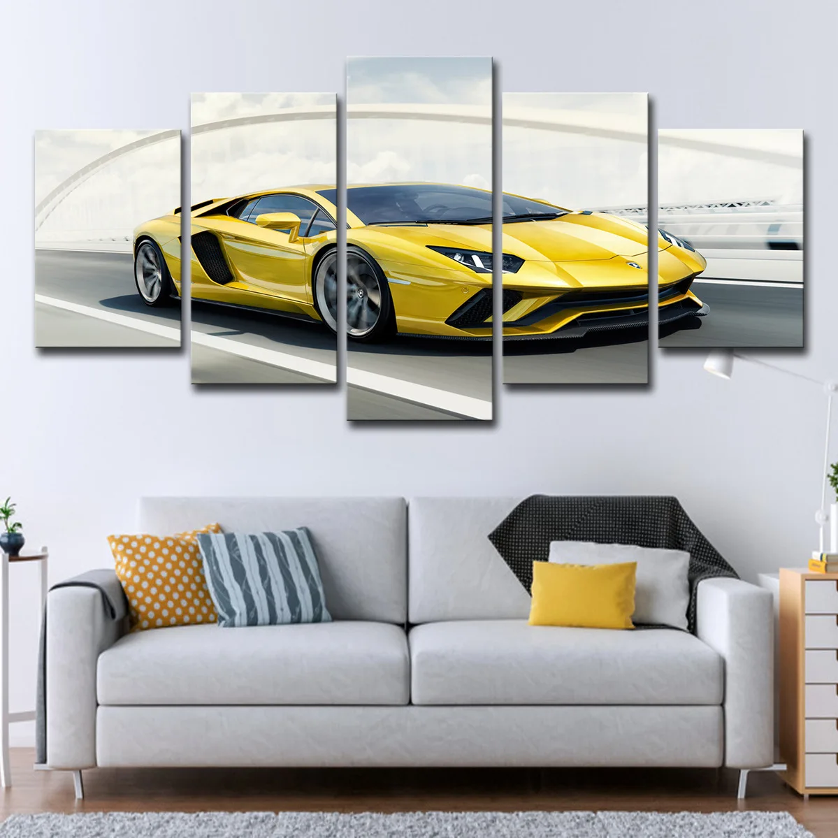 High Resolution 5 Panel Sport Super Car Yellow Lamborghini Polyester Canvas Art Print With Water-Proof
