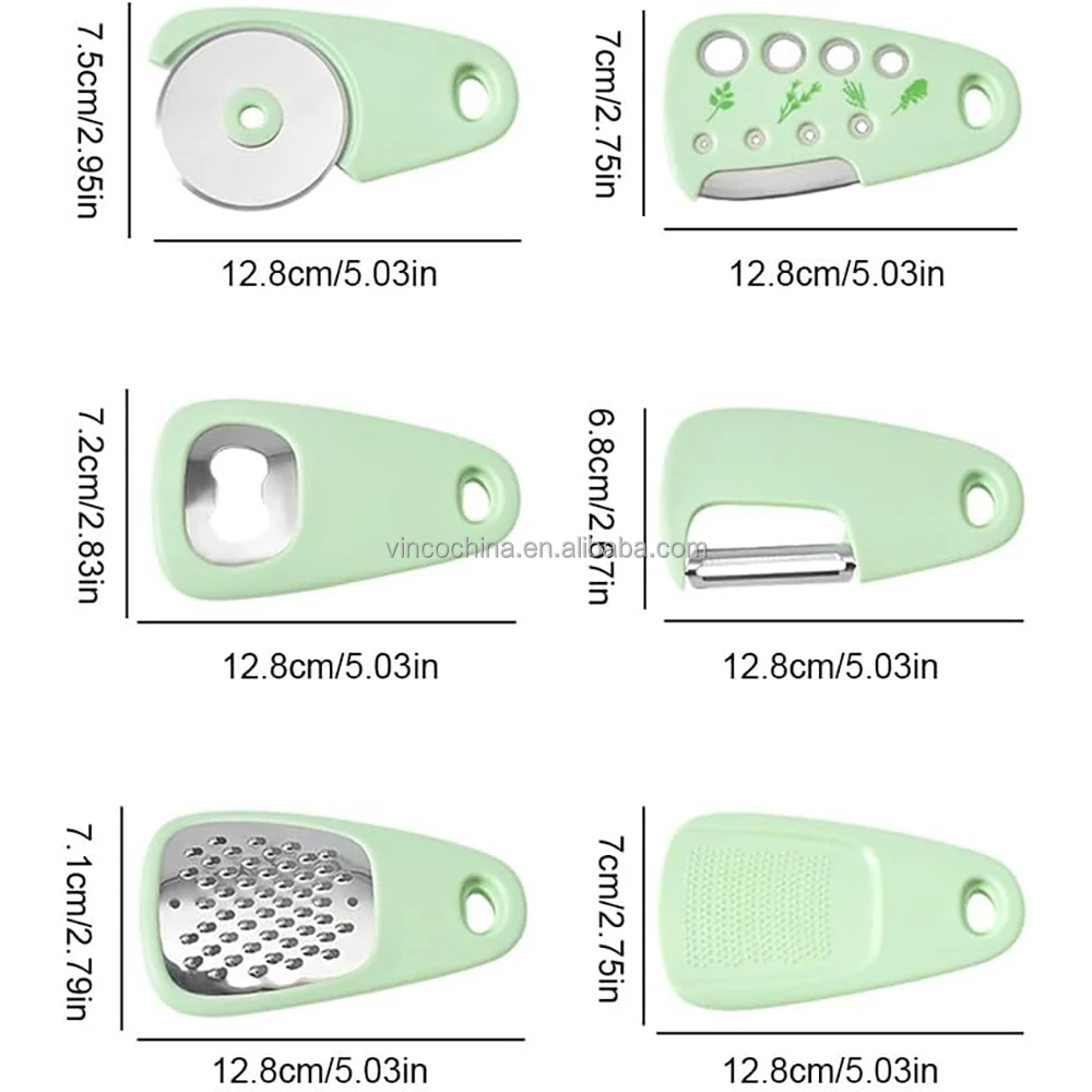 Kitchen Gadgets Set of 6 - Cheese Grater, Pizza Cutter, Bottle Opener, Vegetable Peeler, Garlic Mincer, Herb Stripper