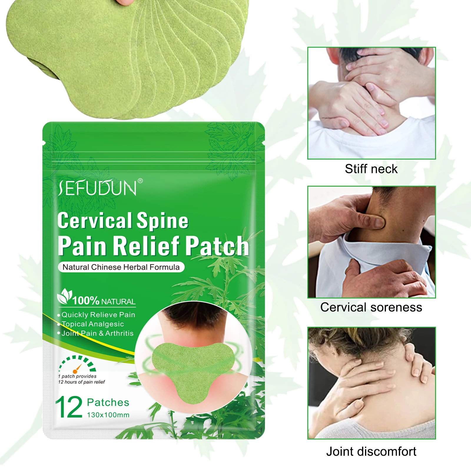 SEFUDUN Healthcare Natural Wormwood Cervical Spine Treatment Plaster Chinese Herbal Formula Cervical Spine Pain Relief Patch