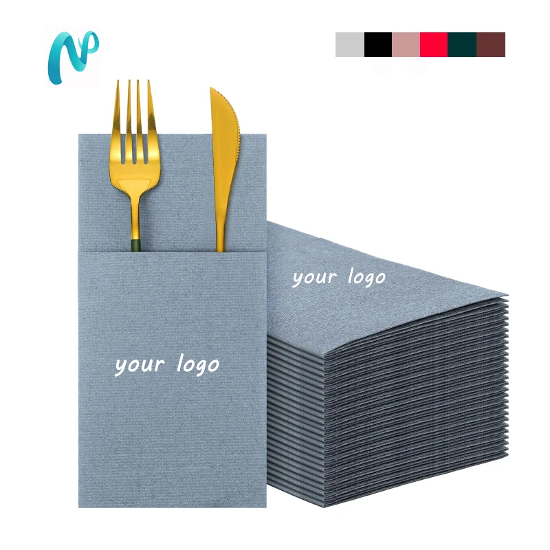 Custom disposable luxury thick Linen Feel Napkins Airlaid Paper Napkins Prefold Dinner Napkins with Built in Flatware Pocket