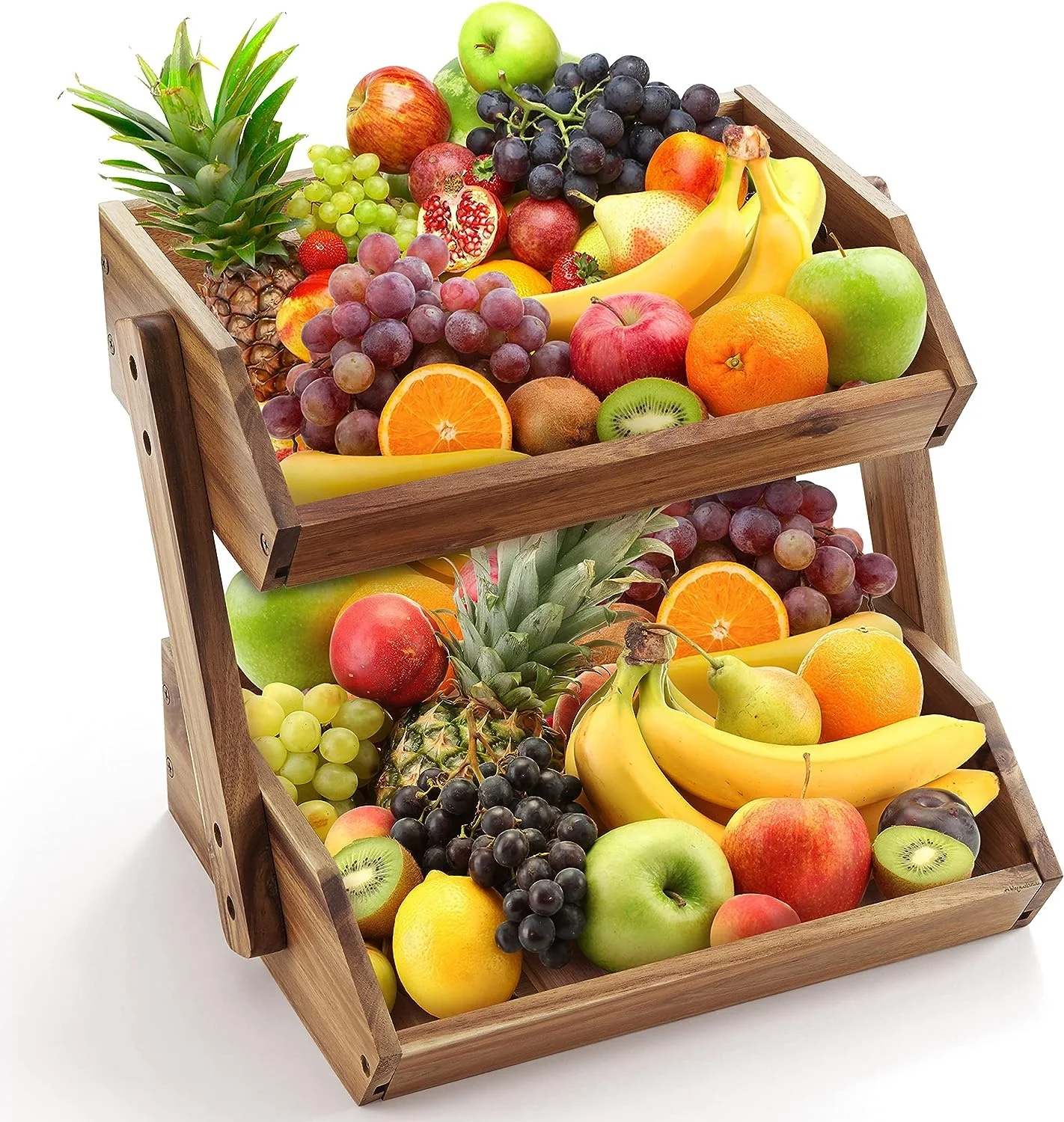 Large Capacity 2 Tier Bamboo Wood Fruit Basket Fruit Stand Storage Holder For Fruit,Vegetables,Bread Storage And Home Kitchen
