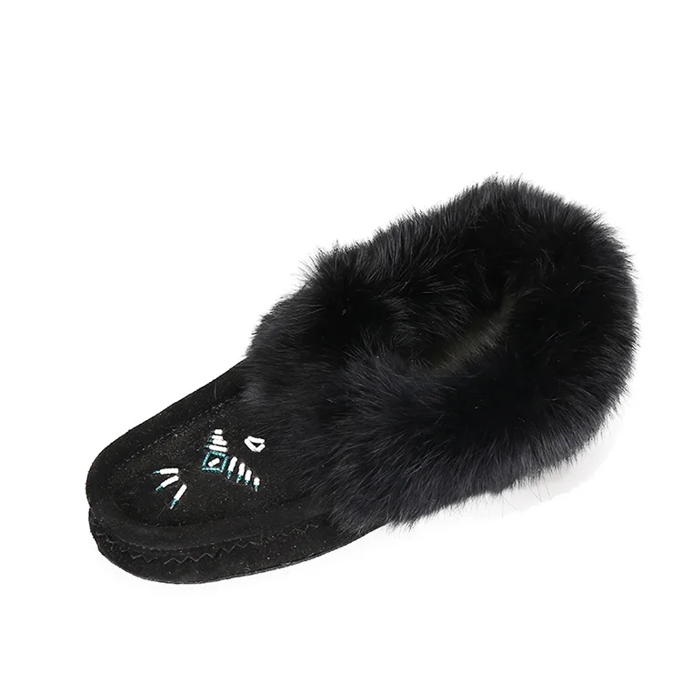 Custom cheap unisex suede upper rabbit fur soft leather sole wool winter women moccasin slippers loafer shoes
