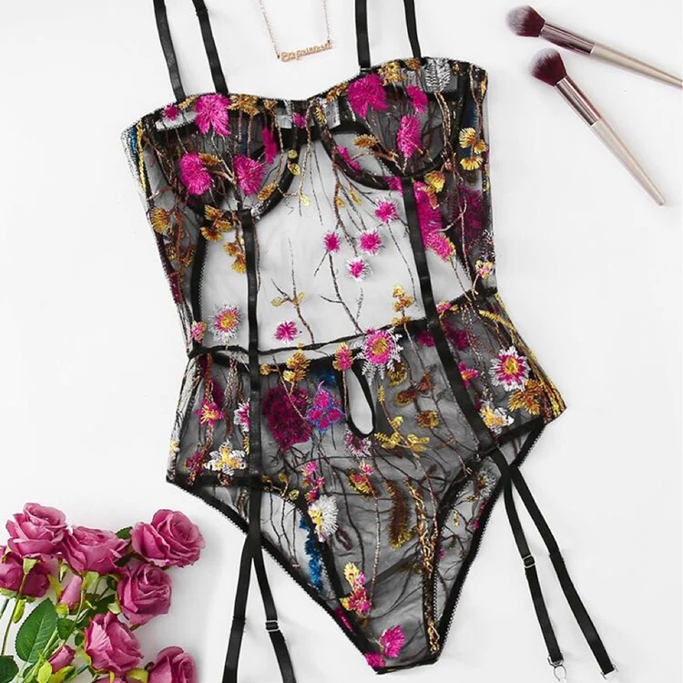 Lenceria Erotica Mujer Flower Embroidery Lingerie Bodysuit Women Exotic Underwear Transparent Lace Mesh Teddy Nightwear
