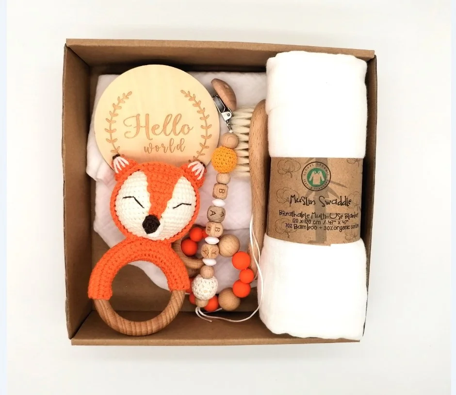 OEM  Organic Fox crochet rattle knitting teether ring baby chew toy baby teething Shower baby gift set