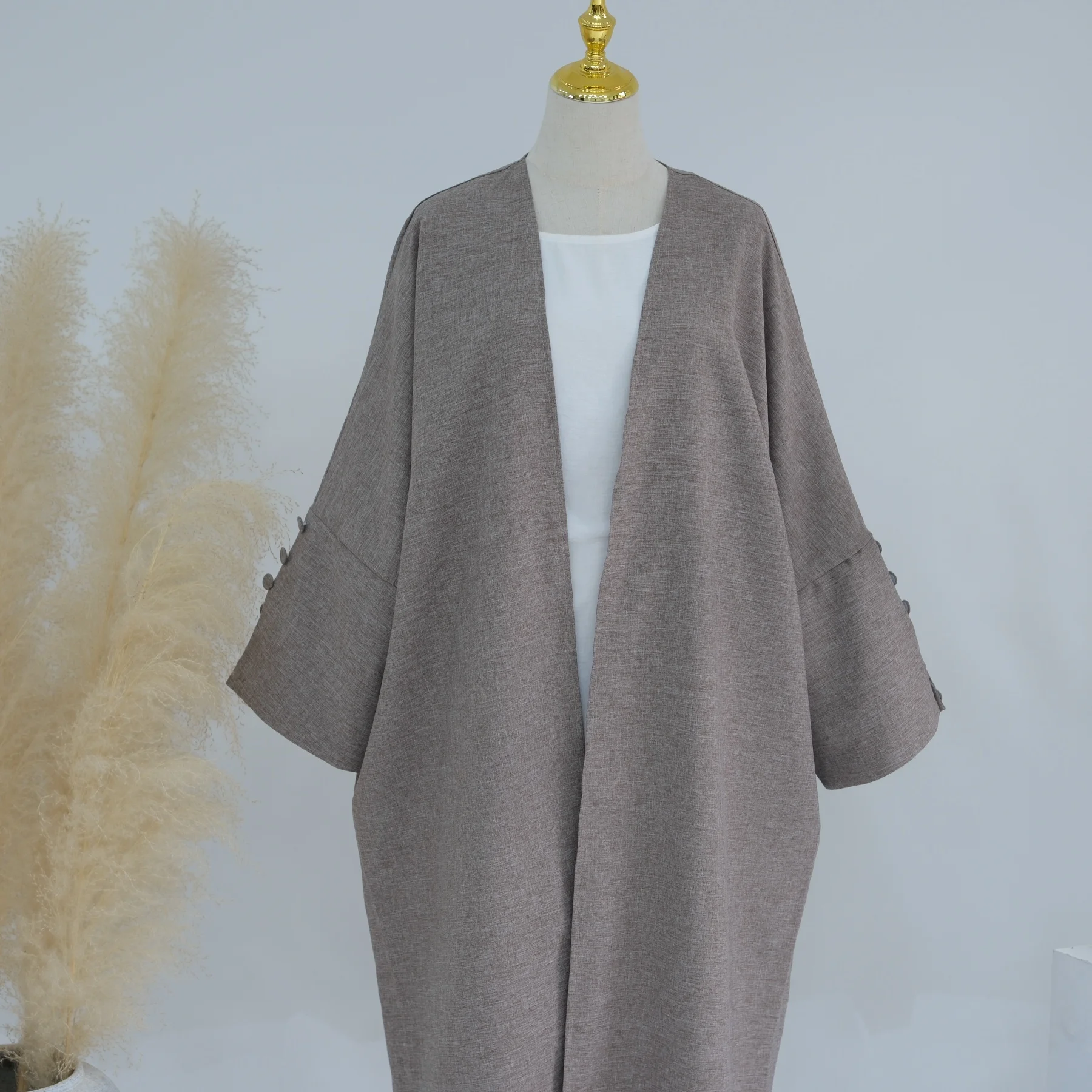 2024 Loriya EID Ramadan Linen Kimono Abaya with Buttons and Slit Sleeves Solid Color Islamic Clothing Women Abaya
