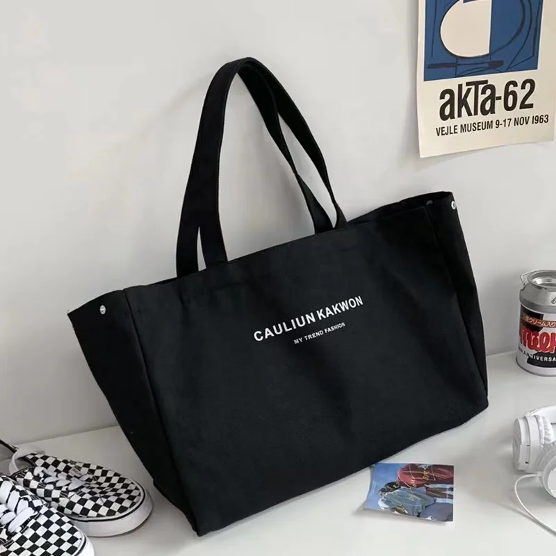 High-capacity thick and solid literary girl canvas bag custom logo eco cotton tote shopping bag with zipper and pocket