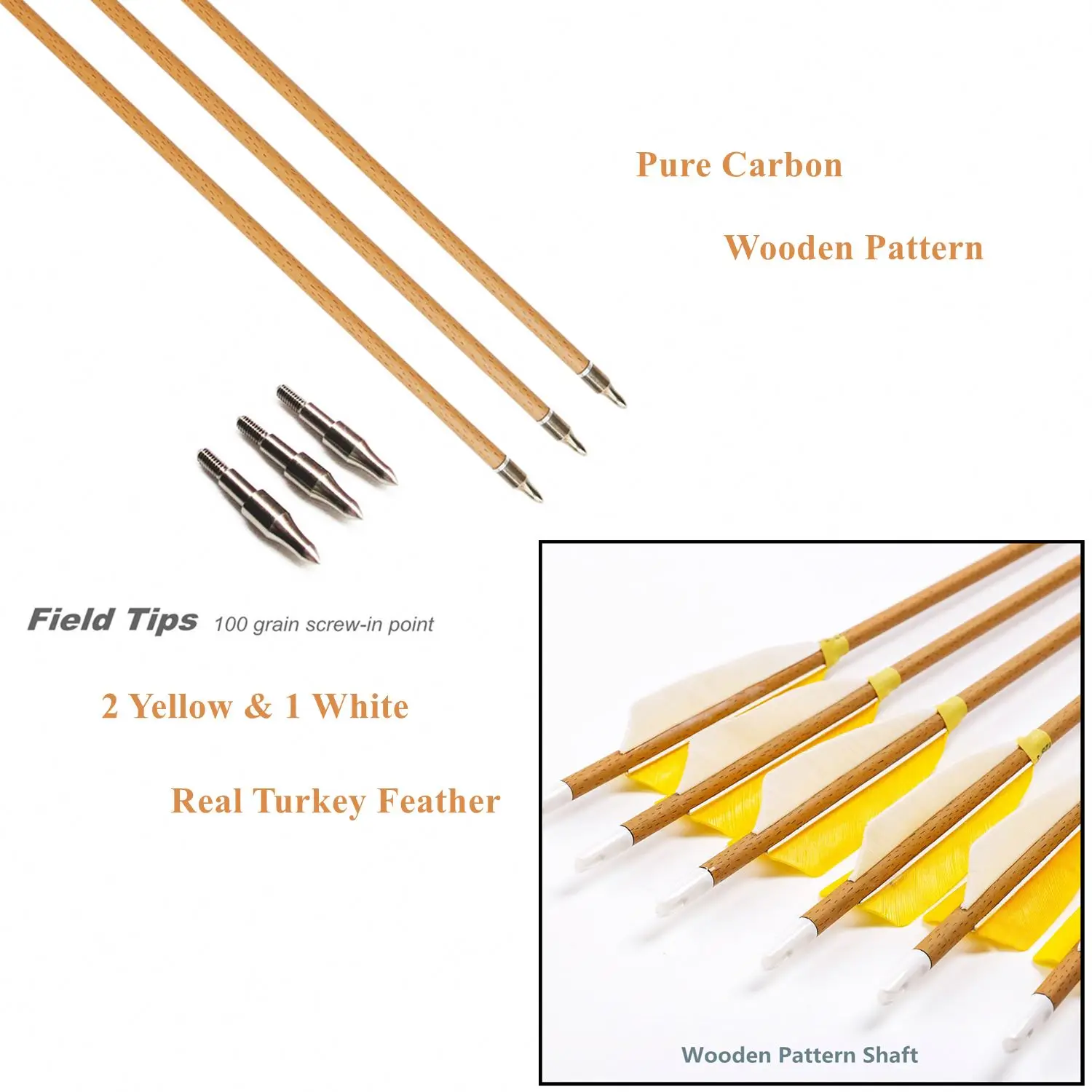 Pure Carbon Arrows with Real Turkey Feather Field Tips 340-500 Spine Hunting Arrow Shaft for Archery Outdoor Shooting