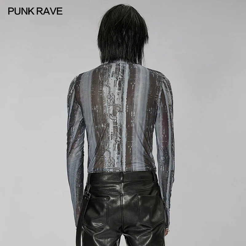 PUNK RAVE WT-751TCM Men Tight Fit Long Sleeves T-shirt  Elastic Gauze Abstract Printing Translucent O Neck Sexy Man Basic Top