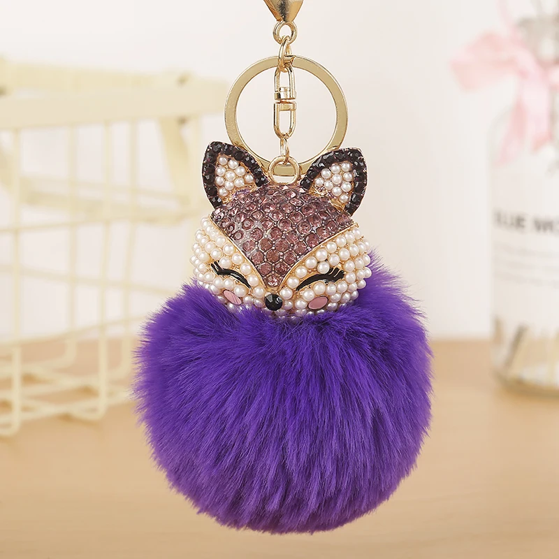 
New Rhinestone Faux Rabbit Fur Ball Pompom Fox Head Diamond Car Key Chain For Women Bag Car Key Ring Holder 1073A 