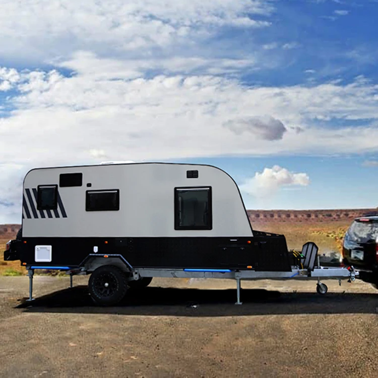 Ecocampor 14.6ft Small Off-Road Aluminum Camper Toy Hauler  Motorbike Trailer RV With 3 Bunks For 5-6 People