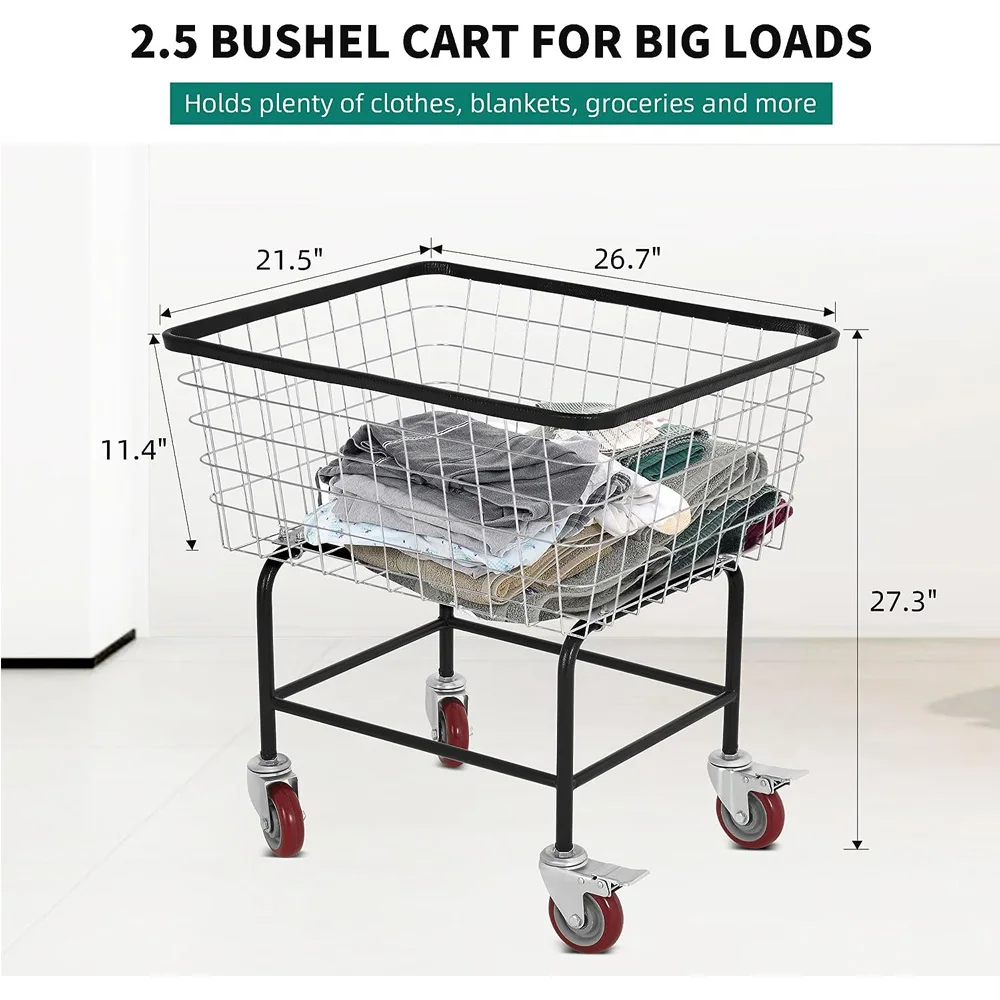 Wire Laundry Cart 2.5 Bushel, Rolling Laundry Basket with Wheels Commercial Wire Laundry Basket Cart with Galvanized