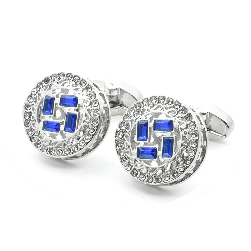Hot Sale Luxury Brass Metal Blue Crystal Diamond Cufflinks Wedding Business Party Men Suit Shirt Fashion Accessory Big Cufflinks