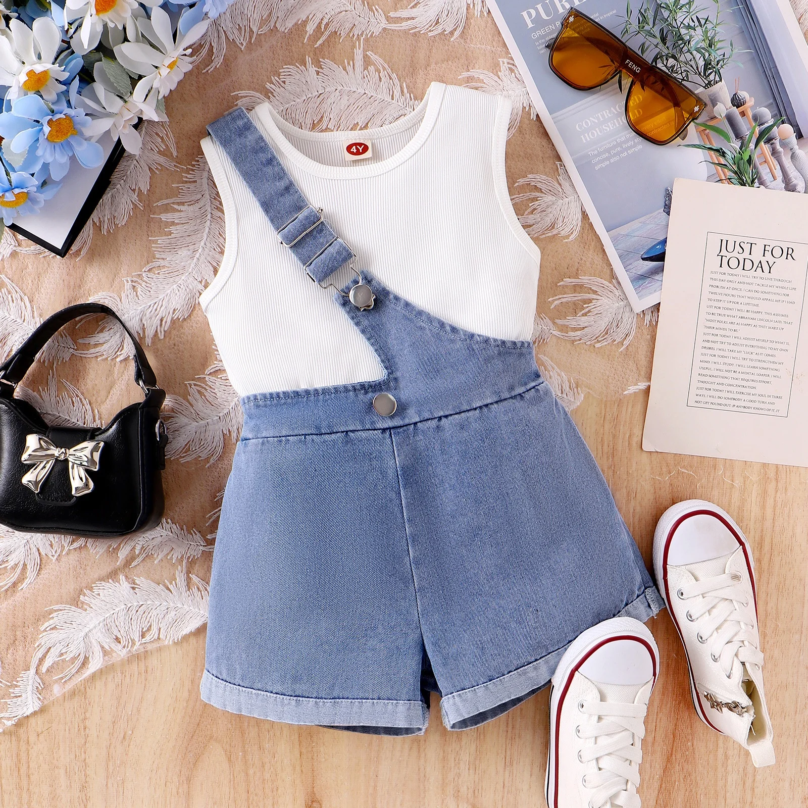 2024 Summer Fashion Children Clothes Solid Color Sleeveless Vest Denim Suspender Shorts 2Pcs Girls Kids Clothing