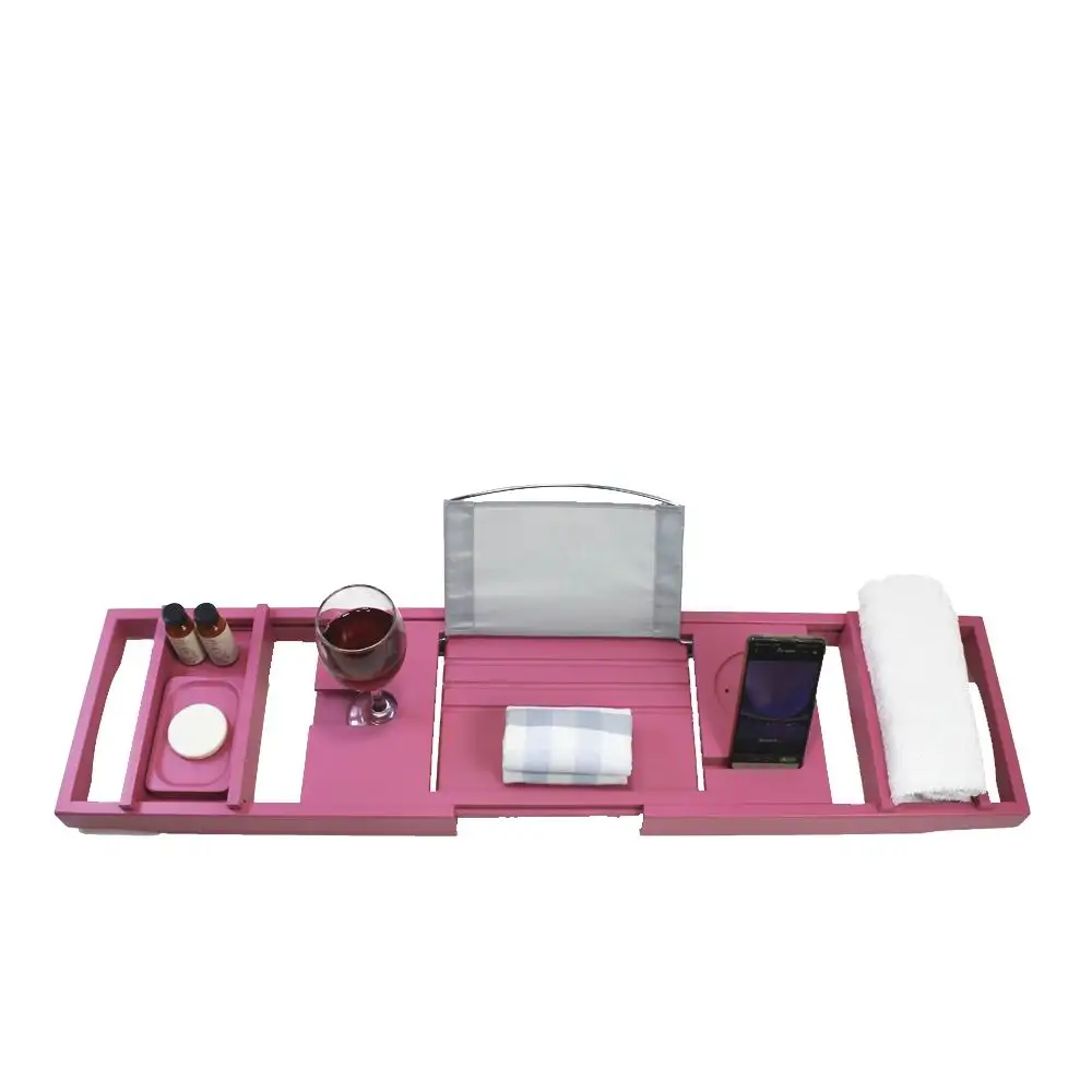 Adjustable Extendable Bamboo Bath Organizer Bamboo Bath Tray With Free Soap Dish Customized Pink Bamboo Bathtub Caddy