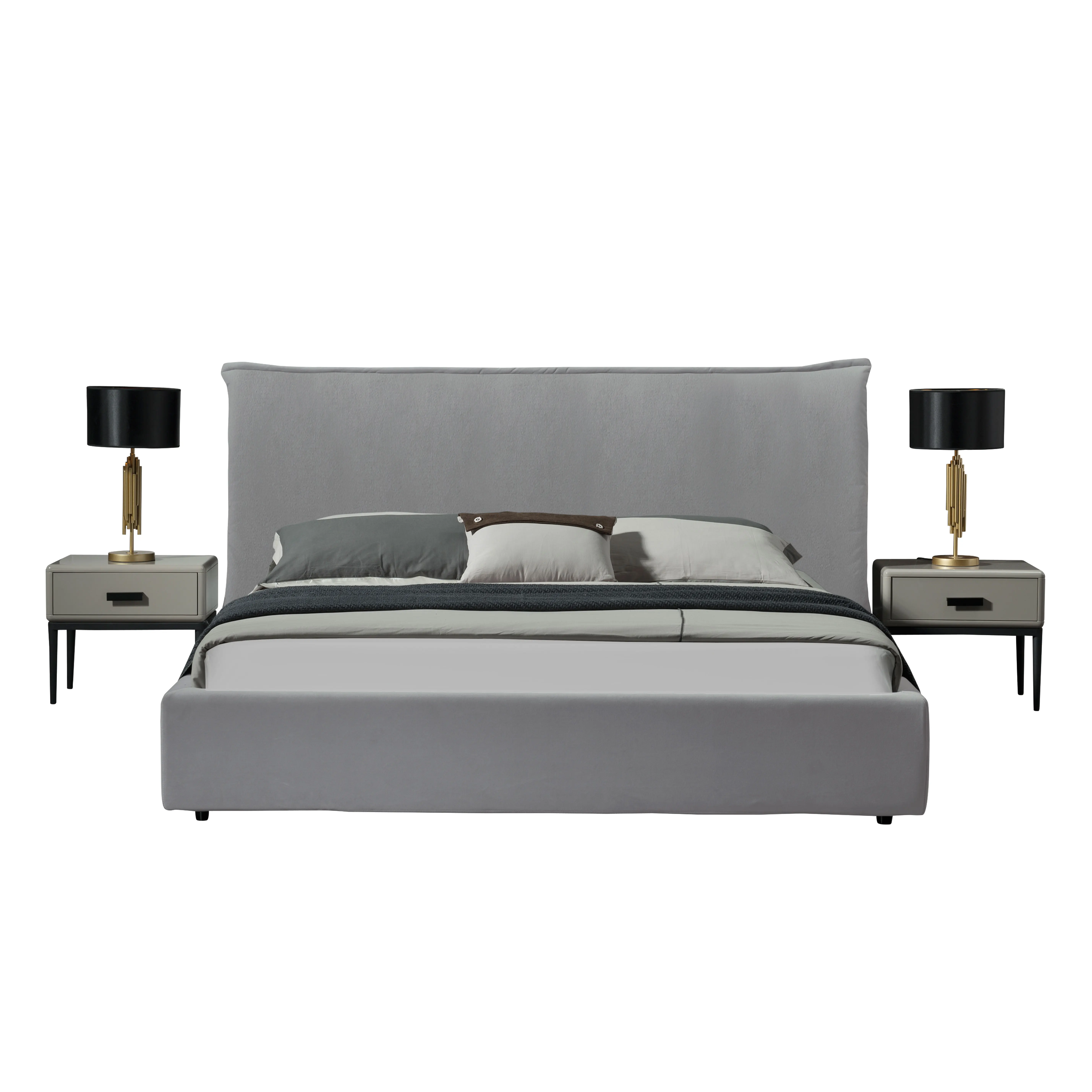 grey double large fabric upholstered solid wood bedroom bed