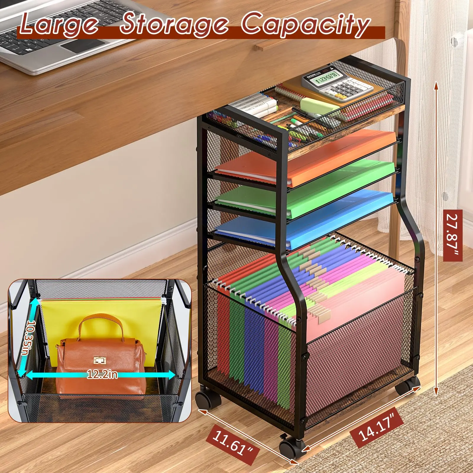 Custom 5-Tier Rolling File Cart Metal Standing Type with Hanging File Folders