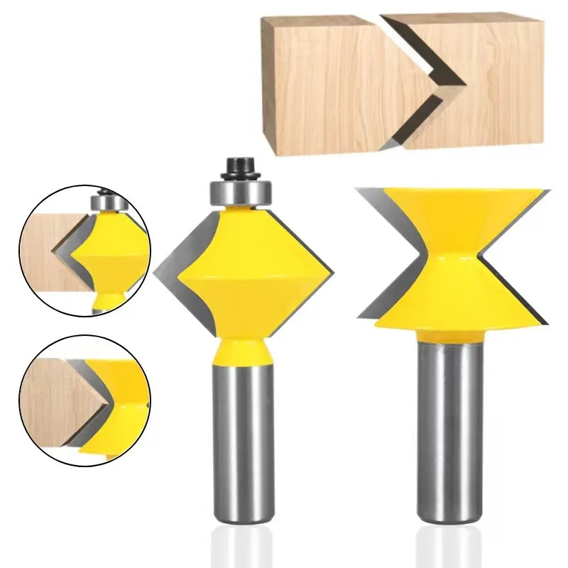 2pcs 1/2 8mm Shank 90Degree Edge Banding Router Bit Set V-Design Tongue & Groove Splicing Bits Carbide Tips Milling Cutter Wood
