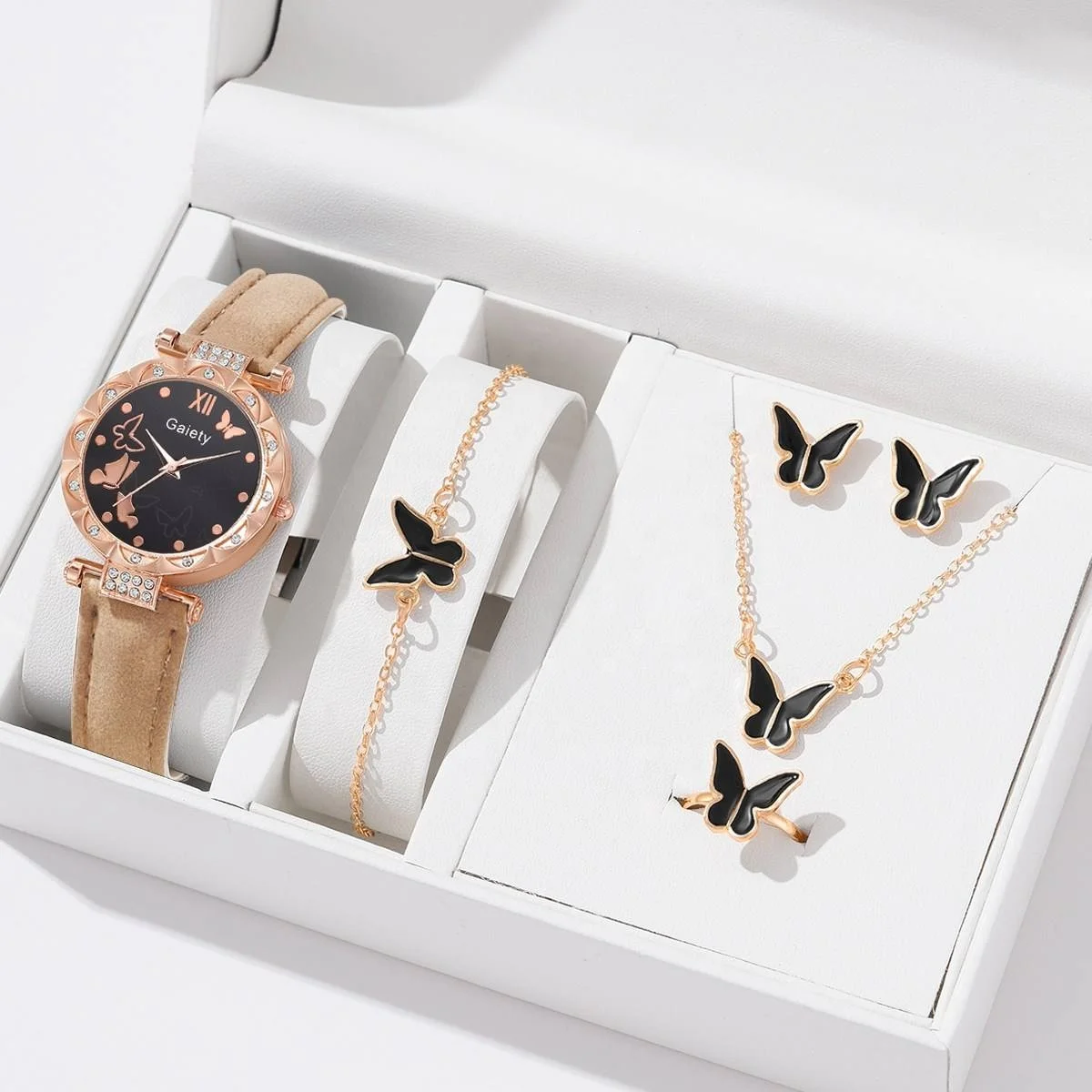 6pcs Luxury Watch Women Ring Necklace Earrings Bracelet Set Watches Butterfly Leather Strap Ladies Quartz WristWatch