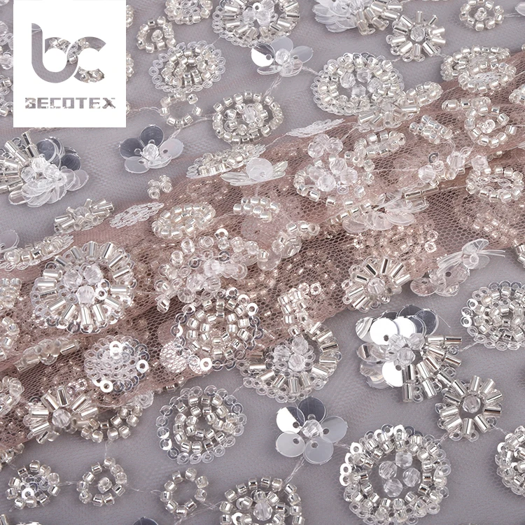 luxury 100% polyester custom design flower embroidery tulle beaded sequin white lace fabric for bridal dress