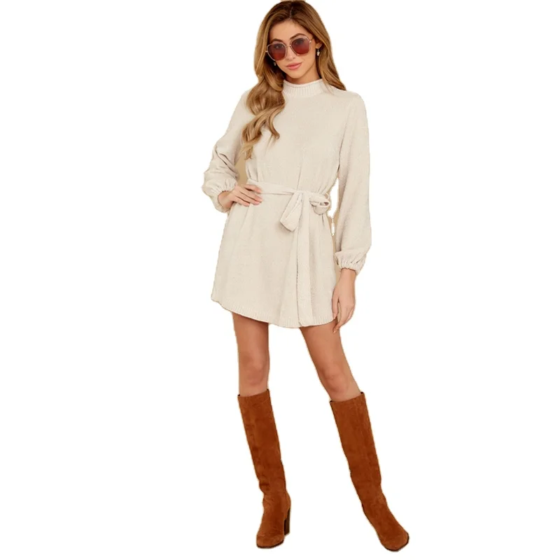 Knitted manufacturers wholesale sweater women clothing high neck luxury white sweater dress
