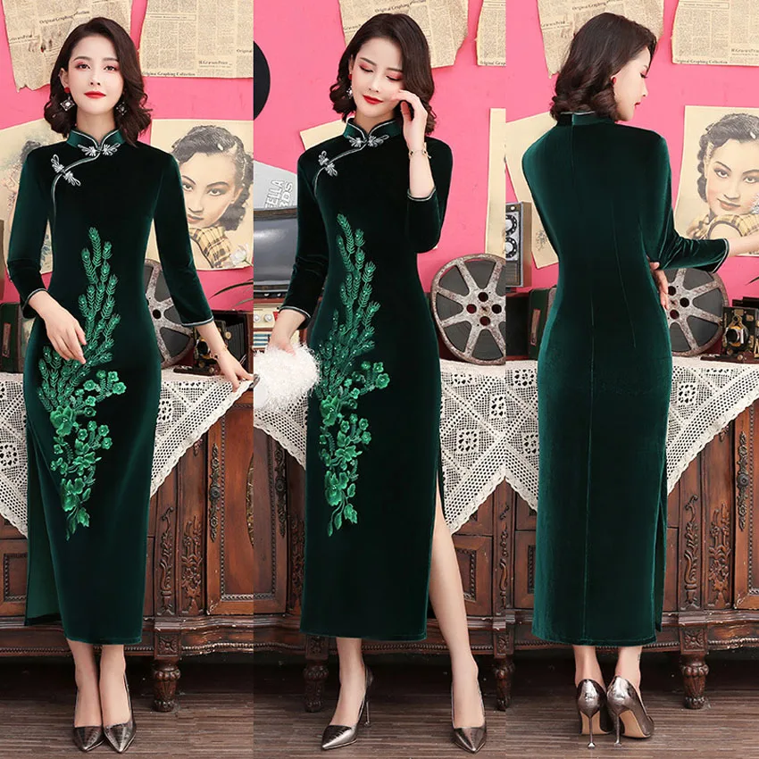 High quality Velvet embroidered beaded long dresses woman lady elegant embroidered womenslim fit daily cheongsam