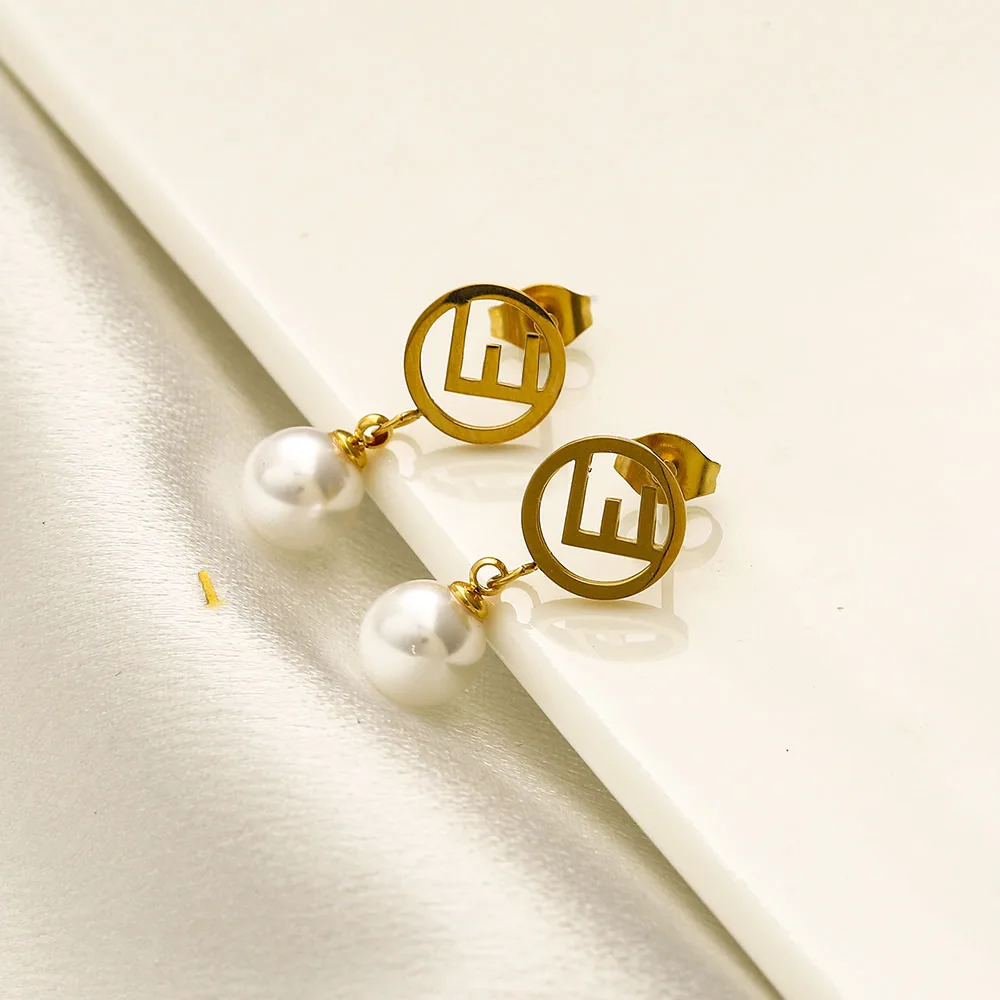 Designer Luxury Brand Stainless Steel Necklace & Earrings Set with Pearl 18K Gold Plating for Wedding Engagement Gift Giving