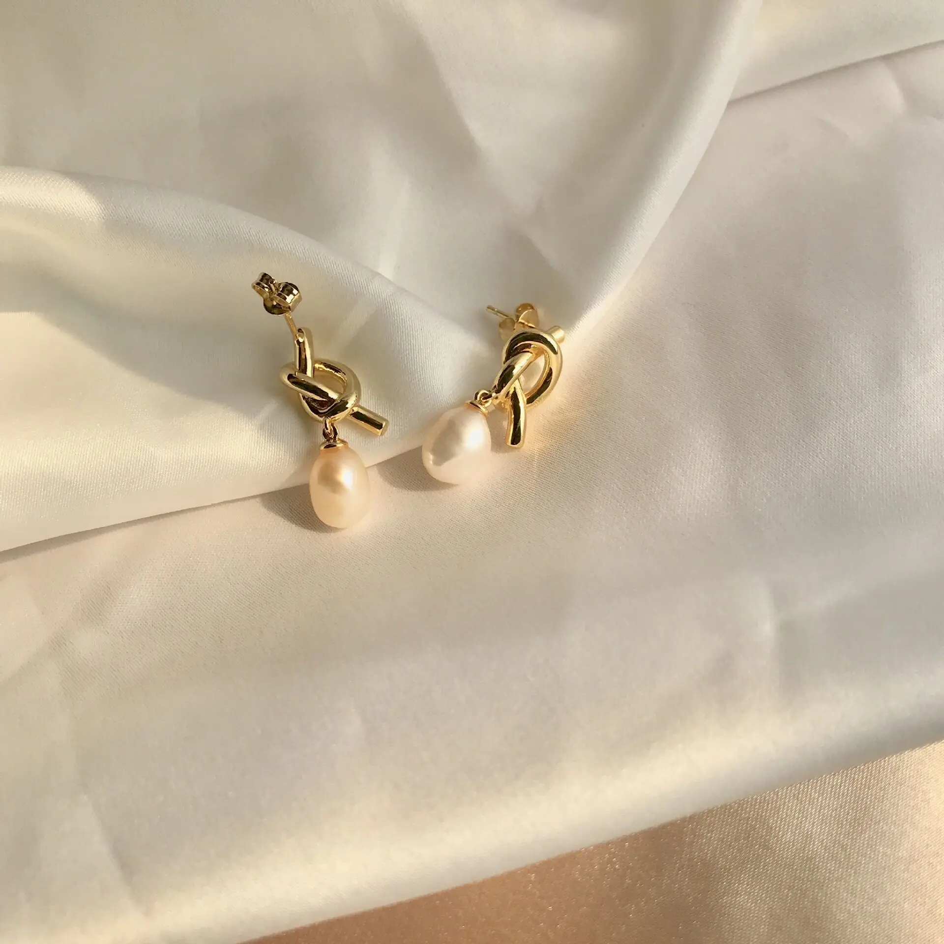 Natural Freshwater Pearl Gold Plated Knotted Stud Earrings