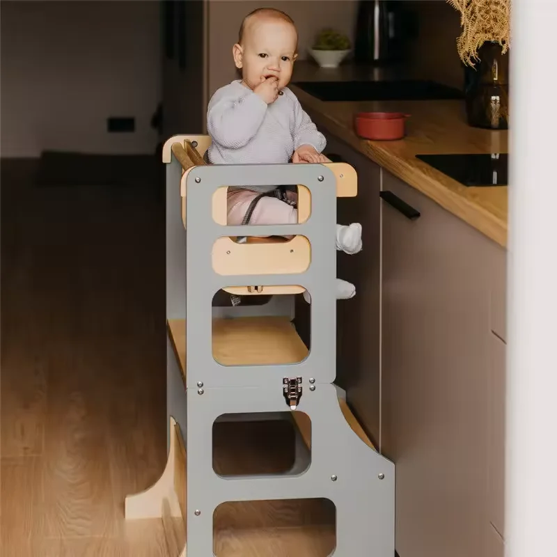 Montessori Foldable Wooden High Chair Set Transformable Toddler Tower & Kids Desk Chair for Kitchen for Learning & Play