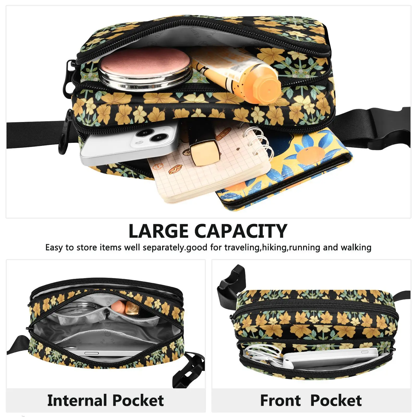 Hawaiian Yellow Hibiscus Quilt Sports Running Sling Crossbody Nylon Fanny Packs Custom Women Waist Bag