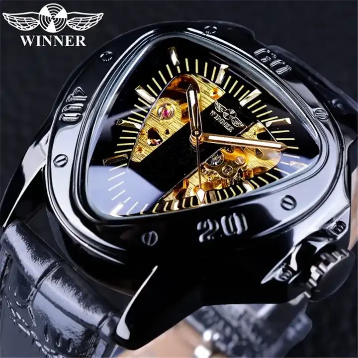 WINNER 052G 052 Brand Luxury Steampunk Fashion Golden Watch Skeleton Movement Mysterious Men Automatic Mechanical Wrist Watches