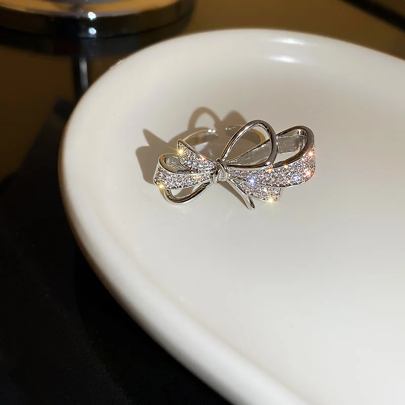 Japan and South Korea fashion set diamond bow opening ring 2021 new minimalist wind ring hand accessories