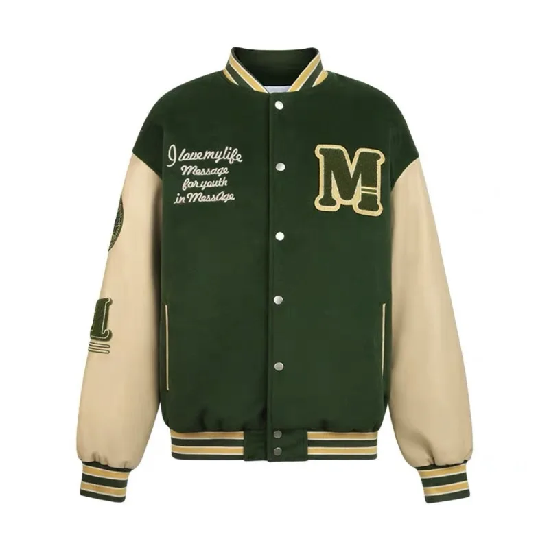 OEM custom winter hooded coat industries flocking bear embroidery crewneck loose varsity jacket for men