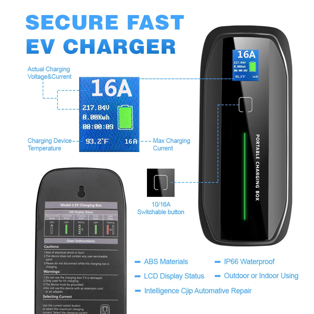 10 а/16 А Регулируемая портативная зарядная станция IEC 62196-2 EV с штепсельной вилкой