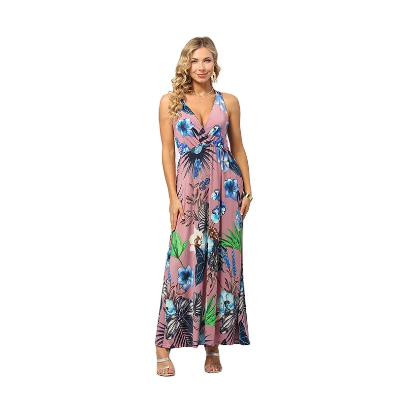 PDEP 2022 new V neck  sleeveless women long maxi dress elegant high waist loose fancy  flower ladies beach bohemian casual dress