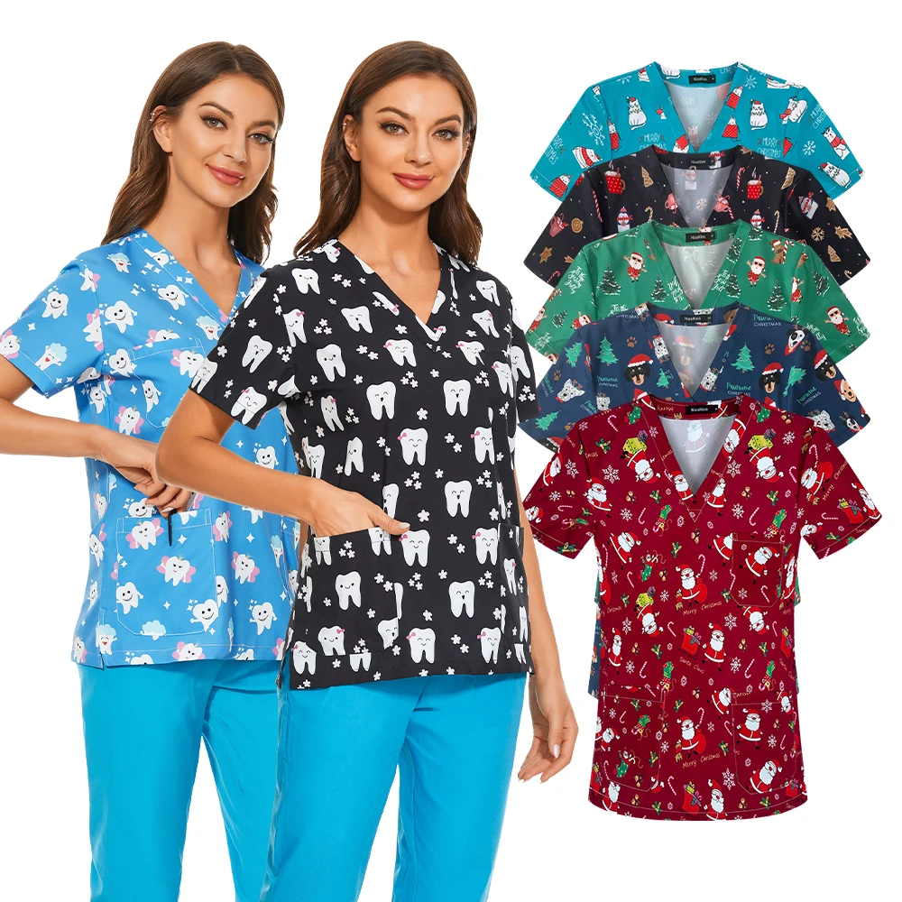 2024 Flowers Scrub Tops Women Cute Print Nurse Uniforms Scrubs Comfortable Hospital Women Printed Nursing Scrub Sets