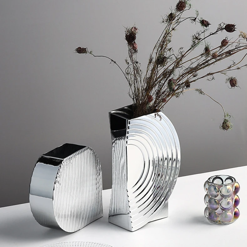 Home table centerpiece vase silver porcelain flower arrangement minimalist nordic ceramic craft