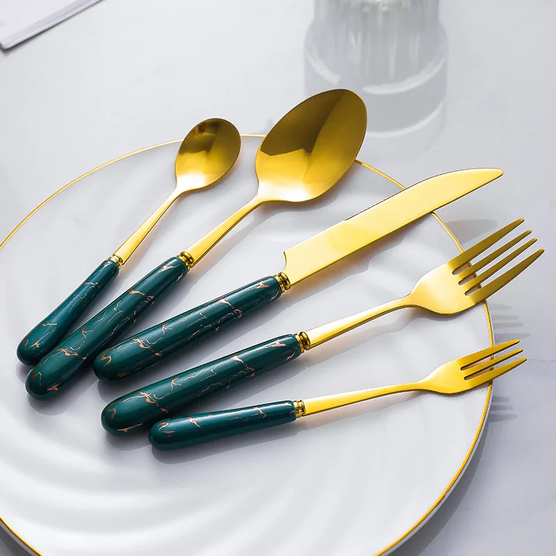 High Quality Tableware Western Steak Dark Green Gold Cutlery Five-piece Set with Ceramic Handle